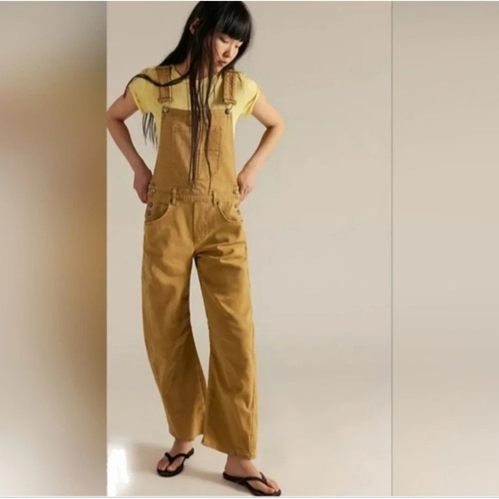 New We The Free People Overalls XS Barrel Leg Good Luck Tan Streetwear Utility